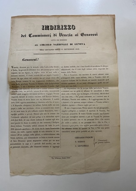 Indirizzo dei Commissari di Venezia ai Genovesi letto dai medesimi al Circolo Nazionale di Genova nell'adunanza delli 11 settembre 1848